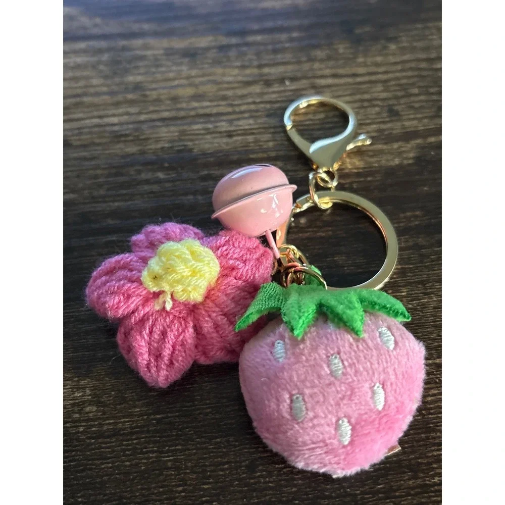 Handmade Pink Strawberry and Flower Plush Keychain with Bell Gold Tone Hardware